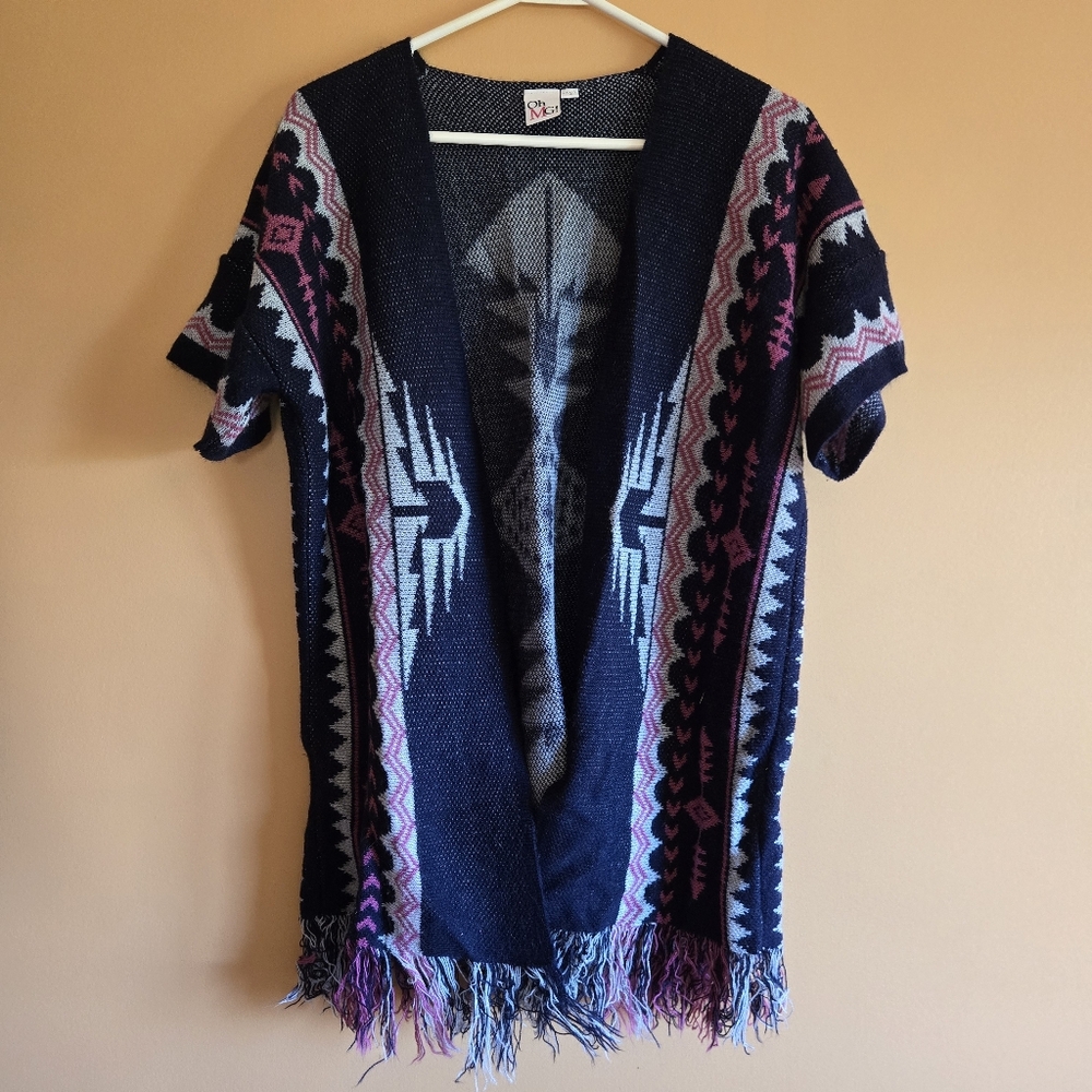 Oh MG! Fringed Kimono Open Cardigan With Abstract Pattern PTP=22"